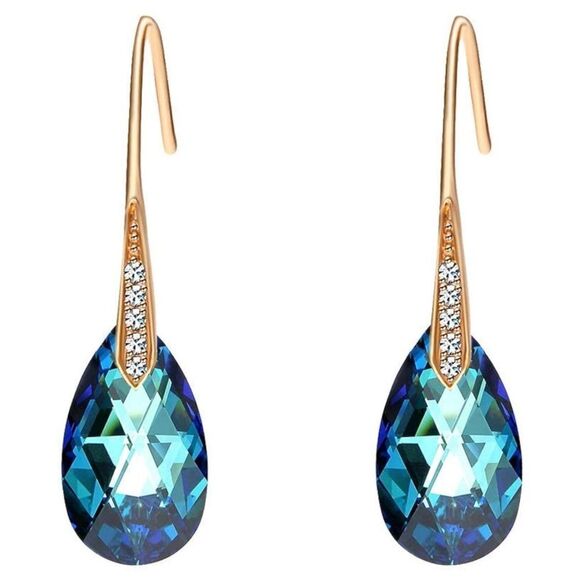 14K Yellow Gold with Bermuda Blue Austrian Crystal Teardrop Drop Hook Earrings